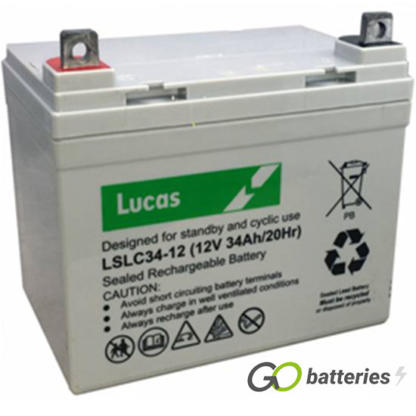 LUCAS LSLC34-12 AGM battery. 12 volt 34 amp, grey case with bolt through terminals.