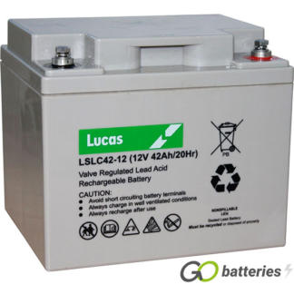 LUCAS LSLC42-12 AGM battery. 12 volt 42 amp, grey case with threaded terminals into the battery.