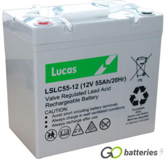 LUCAS LSLC55-12 AGM battery. 12 volt 55 amp, grey case with threaded terminals into the battery.