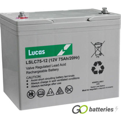 LUCAS LSLC75-12 AGM battery. 12 volt 75 amp, grey case with threaded terminals into the battery and carrying handle.