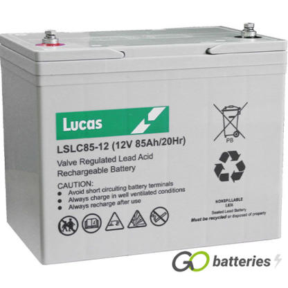 LUCAS LSLC85-12 AGM battery. 12 volt 85 amp, grey case with threaded terminals into the battery and carrying handle.