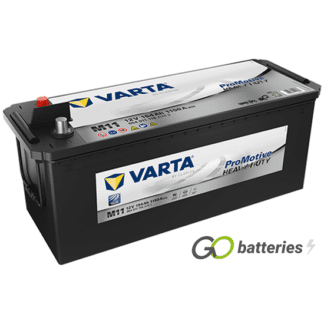 Varta M11 Promotive Heavy Duty Battery. 12 volt 154 amps, 1150 cold cranking amps. Black case and top with carrying handles, terminals are located at one end with the positive terminal on the left hand side with them facing you. UK part number 627 or 637HD.