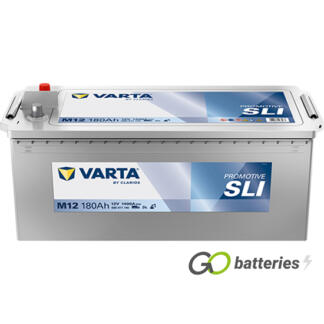 Varta M12 Promotive SLI Battery 12V 180Ah 1400 cold cranking amps, Silver case with terminals at one end and carrying handles at each end. UK 629