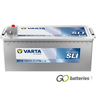 Varta M18 Promotive SLI Battery. 12 volt 180 amps, 1000 cold cranking amps. Silver case and top with carrying handles, terminals are located at one end with the positive terminal on the left hand side with them facing you. UK part number 629SHD.