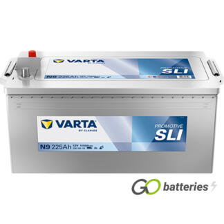 Varta N9 Promotive SLI Battery 12V 225Ah 1150 cold cranking amps Silver case with terminals at one end and carrying handles at each end. 625SHD
