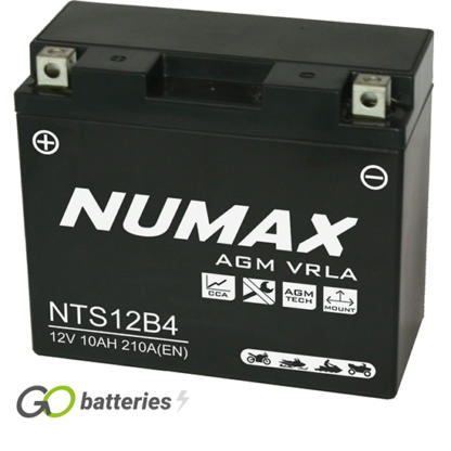 Numax YT12B-4 AGM Battery. 12 volt 10Ah 210 cold cranking amps. Black case with the positive terminal on the left hand side with the terminals closest to you.