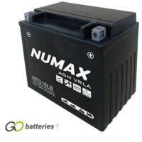 Numax NTS16L-B AGM Battery. 12 volt 19Ah 210 cold cranking amps. Black case with the positive terminal on the right hand side with the terminals closest to you.