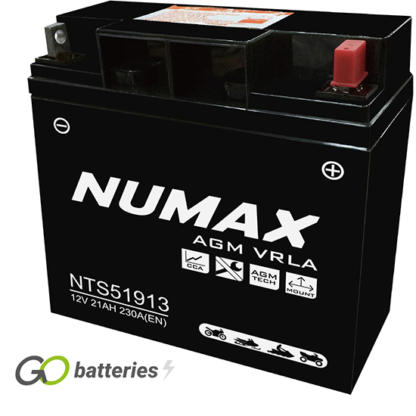 Numax NTS51913 AGM Battery. 12 volt 21Ah 230 cold cranking amps. Black case with the positive terminal on the right hand side with the terminals closest to you.