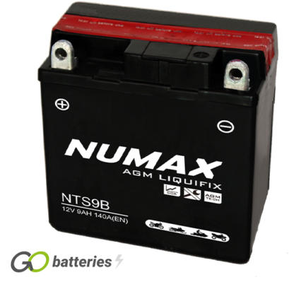 Numax NTS9B AGM Battery. 12 volt 9Ah 120 cold cranking amps. Black case with the positive terminal on the left hand side with the terminals closest to you.