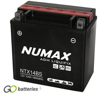 Numax YTX14-BS AGM Battery. 12 volt 12Ah 280 cold cranking amps. Black case with the positive terminal on the left hand side with the terminals closest to you.