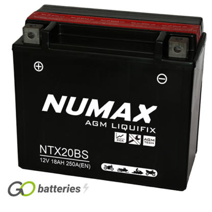 Numax YTX20-BS AGM Battery. 12 volt 18Ah 250 cold cranking amps. Black case with the positive terminal on the left hand side with the terminals closest to you.