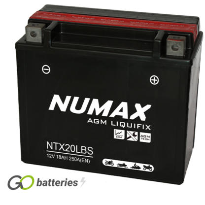 Numax YTX20L-BS AGM Battery. 12 volt 18Ah 250 cold cranking amps. Black case with the positive terminal on the right hand side with the terminals closest to you.