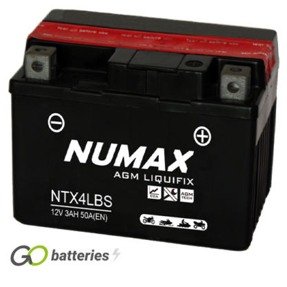 Numax YTX4L-BS AGM Battery. 12 volt 3Ah 50 cold cranking amps. Black case with the positive terminal on the right hand side with the terminals closest to you.
