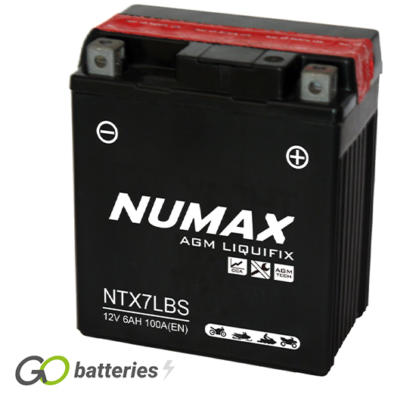 Numax YTX7L-BS AGM Battery. 12 volt 6Ah 100 cold cranking amps. Black case with the positive terminal on the right hand side with the terminals closest to you.