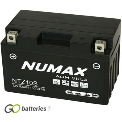 Numax YTZ10S AGM Battery. 12 volt 8.5Ah 150 cold cranking amps. Black case with the positive terminal on the left hand side with the terminals closest to you.