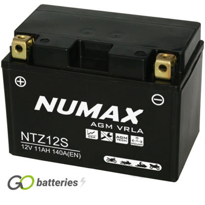 Numax YTZ12S AGM Battery. 12 volt 11Ah 140 cold cranking amps. Black case with the positive terminal on the left hand side with the terminals closest to you.