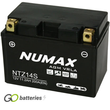 Numax YTZ14S AGM Battery. 12 volt 11.2Ah 200 cold cranking amps. Black case with the positive terminal on the left hand side with the terminals closest to you.