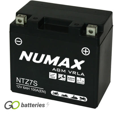 Numax YTZ7S Factory Sealed AGM Battery. 12 volt 6Ah 100 cold cranking amps. Black case with the positive terminal on the right hand side with the terminals closest to you.