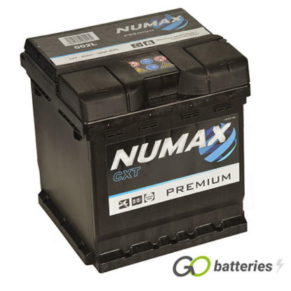 Numax 002L Premium Battery. 12 volt 40 amp hour and 340 cold cranking amps. Black case with the positive terminal on the right hand side with the terminals closest to you.