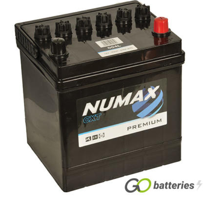 Numax 004L Premium Battery. 12 volt 50 amp hour and 400 cold cranking amps. Black case with the positive terminal on the right hand side with the terminals closest to you. Also has a carrying handle.