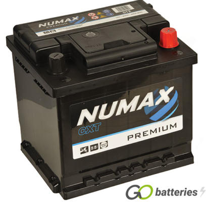 Numax 012 Premium Battery. 12 volt 45 amp hour and 400 cold cranking amps. Black case with the positive terminal on the right hand side with the terminals closest to you. Also has carrying handle.