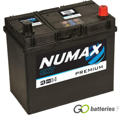 Numax 053 Premium Battery. 12 volt 45 amp hour and 330 cold cranking amps. Black case with the positive terminal on the right hand side with the terminals closest to you. Also has carrying handle.