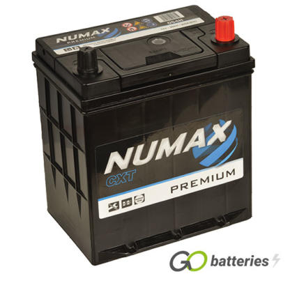 Numax 054H Premium Battery. 12 volt 36 amp hour and 300 cold cranking amps. Black case with the positive terminal on the right hand side with the terminals closest to you. Also has carrying handle.
