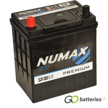 Numax 055 Premium Battery. 12 volt 35 amp hour and 300 cold cranking amps. Black case with the positive terminal on the left hand side with the terminals closest to you. Also has carrying handle.