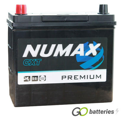Numax 057 Premium Battery. 12 volt 45 amp hour and 330 cold cranking amps. Black case with the positive terminal on the left hand side with the terminals closest to you. Also has carrying handle.