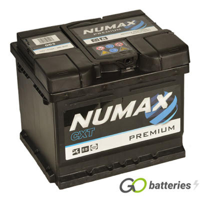 Numax 063 Premium Battery. 12 volt 41 amp hour and 390 cold cranking amps. Black case with the positive terminal on the right hand side with the terminals closest to you. Also has carrying handle.