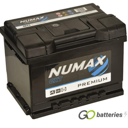 Numax 065 Premium Battery. 12 volt 53 amp hour and 480 cold cranking amps. Black case with the positive terminal on the right hand side with the terminals closest to you. Also has carrying handle.