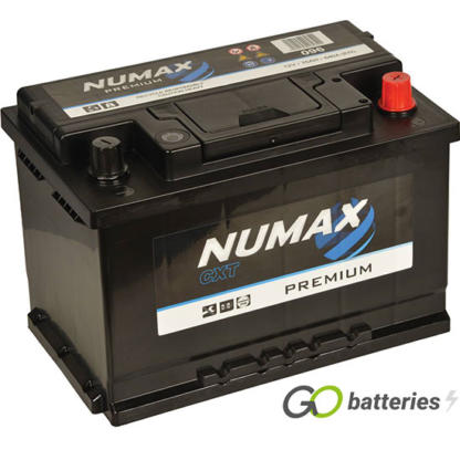 Numax 096 Premium Battery. 12 volt 70 amp hour and 640 cold cranking amps. Black case with the positive terminal on the right hand side with the terminals closest to you. Also has carrying handle.