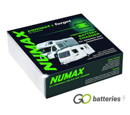Numax 121000 Leisure Battery Charger. 12 volt 10 amp charger, red unit with charging cables included.