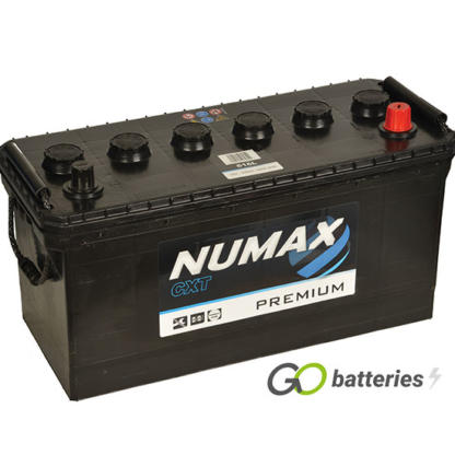 Numax 616L Premium Commercial Battery. 12 volt 100 amp hour and 600 cold cranking amps. Black case with the positive terminal on the right hand side with the terminals closest to you. Also has carrying handle.