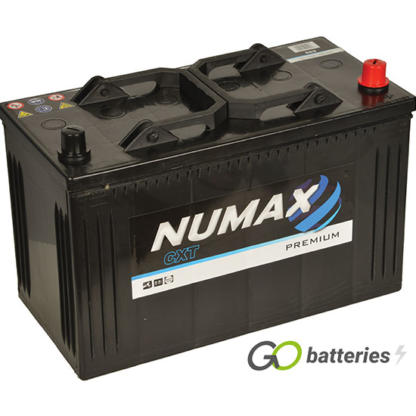 Numax 663 Premium Commercial Battery. 12 volt 110 amp hour and 750 cold cranking amps. Black case with the positive terminal on the right hand side with the terminals closest to you. Also has carrying handle.