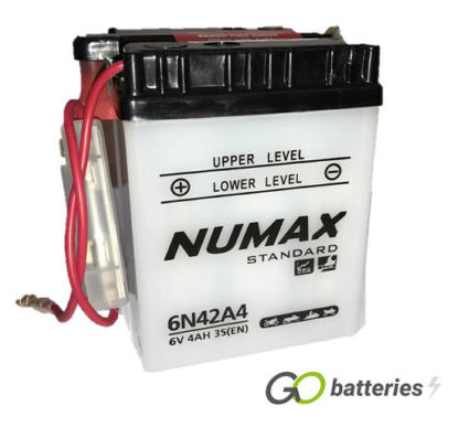 Numax 6N4-2A-4 Motorcycle Battery 6V 4Ah 35 cold cranking amps opaque case with black lid and the terminals are diagonal to each other.