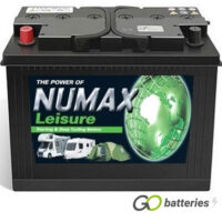 Numax L135 Leisure Battery. 12 volt 135 amp hour. Black case with the positive terminal on the left hand side with the terminals closest to you. Also has carrying handle.