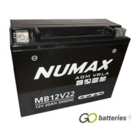 Numax NTS50N18LA20 AGM Battery. 12 volt 20Ah 280 cold cranking amps. Black case with the positive terminal on the right hand side with the terminals closest to you.