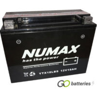 Numax YTX18L-BS AGM Battery. 12 volt 18Ah 240 cold cranking amps. Black case with the positive terminal on the right hand side with the terminals closest to you.