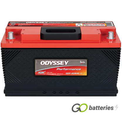 Odyssey ODP-AGM49 H8 L5 Performance AGM Battery. 12 volt 95 amps 950 cold cranking amps and 1700 pulse cranking amps. Black case with a red top and carrying handle. Positive terminal on the right hand side with the terminals closest to you. Previous number was a PC1350.