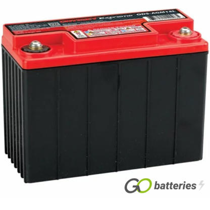 Odyssey ODS-AGM15L Extreme Battery, 12 volt 13 amps, 150 cold cranking amps and 460 pulse hot cranking amps. Black case with a red lid and internal threaded brass terminals, with the positive terminal on the right hand side with the terminals closest to you. Previous part number PC545.