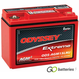 Odyssey ODS-AGM15LMJ Extreme Battery, 12 volt 13 amps, 150 cold cranking amps and 460 pulse hot cranking amps. Red metal case with a red lid and internal threaded brass terminals, with the positive terminal on the right hand side with the terminals closest to you. Previous part number PC545MJ.