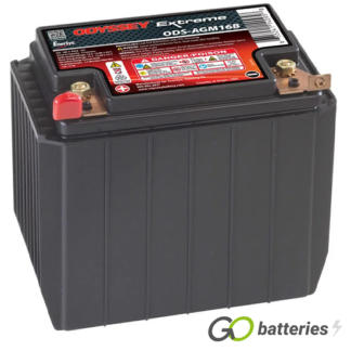 Odyssey ODS-AGM16B Extreme Battery, 12 volt 14 amps, 200 cold cranking amps and 535 pulse hot cranking amps. Black case with a black lid and with brass M6 side terminals, with the positive terminal on the left hand side with the terminals closest to you. Previous part number PC535.