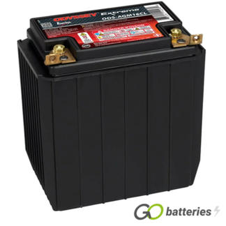 Odyssey ODS-AGM16CL Extreme Battery, 12 volt 18 amps, 220 cold cranking amps and 540 pulse hot cranking amps. Black case with a black lid and with brass M6 stud terminals, with the positive terminal on the right hand side with the terminals closest to you. Previous part number PC625.