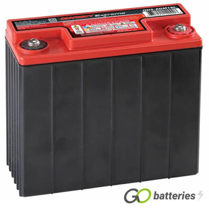 Odyssey ODS-AGM16L Extreme Battery, 12 volt 16 amps, 170 cold cranking amps and 520 pulse hot cranking amps. Black case with a red lid and internal threaded brass terminals, with the positive terminal on the right hand side with the terminals closest to you. Previous part number PC680.