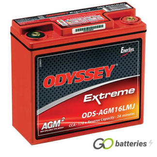 Odyssey ODS-AGM16LMJ Extreme Battery, 12 volt 16 amps, 170 cold cranking amps and 520 pulse hot cranking amps. Red metal case with a red lid and internal threaded brass terminals, with the positive terminal on the right hand side with the terminals closest to you. Previous part number PC680MJ.
