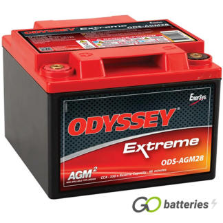 Odyssey ODS-AGM28 Extreme Battery, 12 volt 28 amps, 330 cold cranking amps and 900 pulse hot cranking amps. Black case with a red lid and internal threaded brass terminals, with M6 SS bolts the positive terminal on the left hand side with the terminals closest to you. Previous part number PC925L.