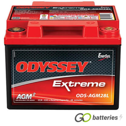 Odyssey ODS-AGM28L Extreme Battery, 12 volt 28 amps, 330 cold cranking amps and 900 pulse hot cranking amps. Black case with a red lid and internal threaded brass terminals, with M6 SS bolts the positive terminal on the right hand side with the terminals closest to you. Previous part number PC925.