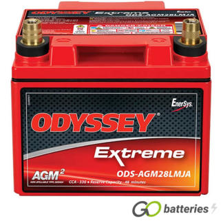 Odyssey ODS-AGM28LMJA Extreme Battery, 12 volt 28 amps, 330 cold cranking amps and 900 pulse hot cranking amps. Red metal case with a red lid and internal threaded brass terminals, with SAE brass posts and positive terminal on the right hand side with the terminals closest to you. Previous part number PC925MJT.
