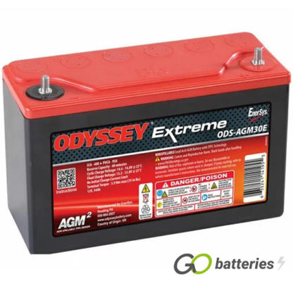 Odyssey ODS-AGM30E Extreme Battery, 12 volt 34 amps, 400 cold cranking amps and 950 pulse hot cranking amps. Black case with a red lid and threaded terminals, with the positive terminal on the right hand side with the terminals closest to you. Previous part number PC950.